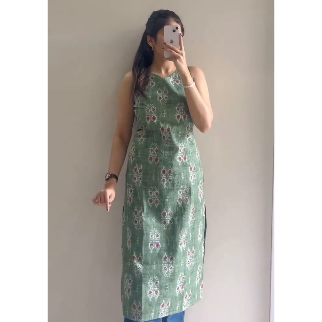 Olive Green Printed Daily Wear Kurtis