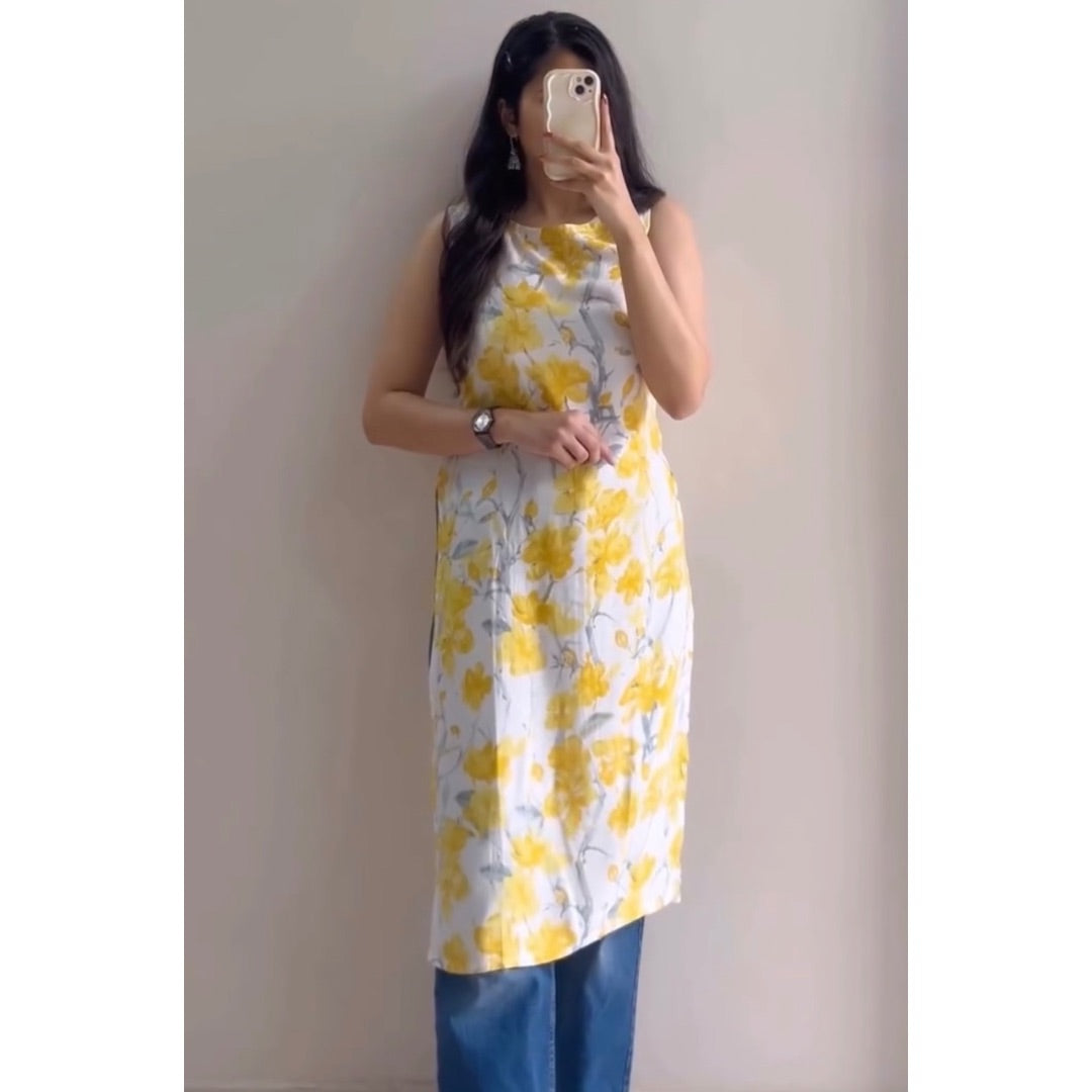 White And Yellow Floral Kurtis