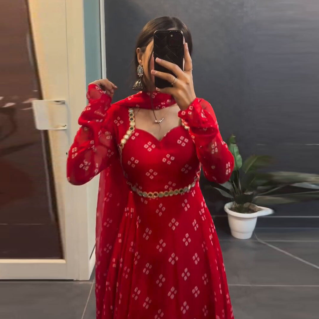 New Red Printed Designer Long Kurti With Dupatta