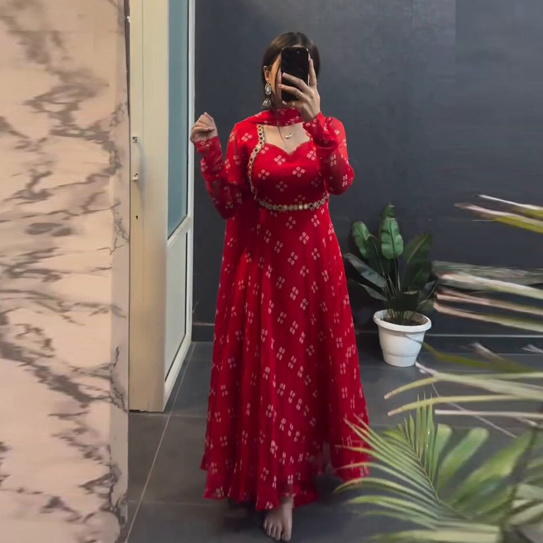 New Red Printed Designer Long Kurti With Dupatta