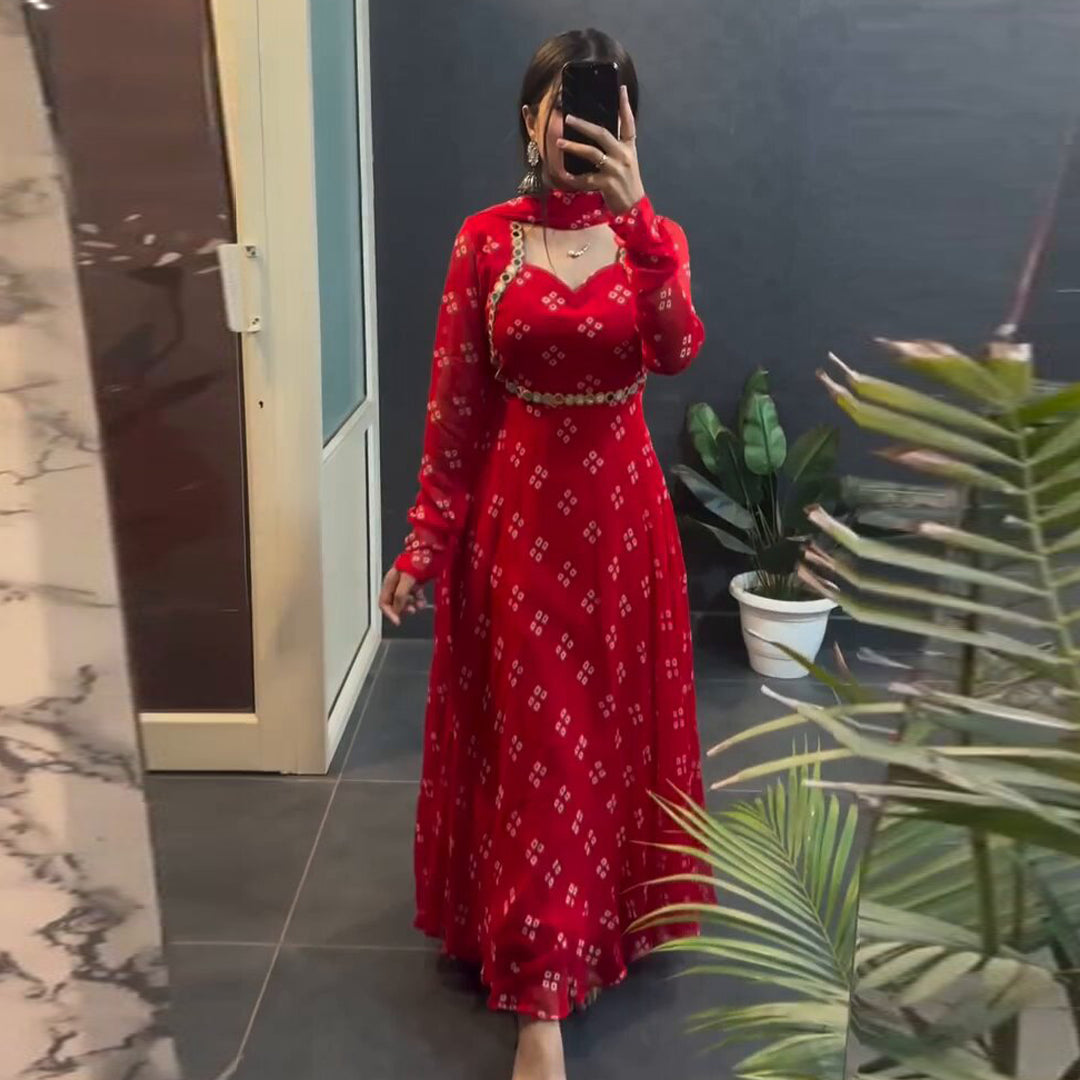 New Red Printed Designer Long Kurti With Dupatta