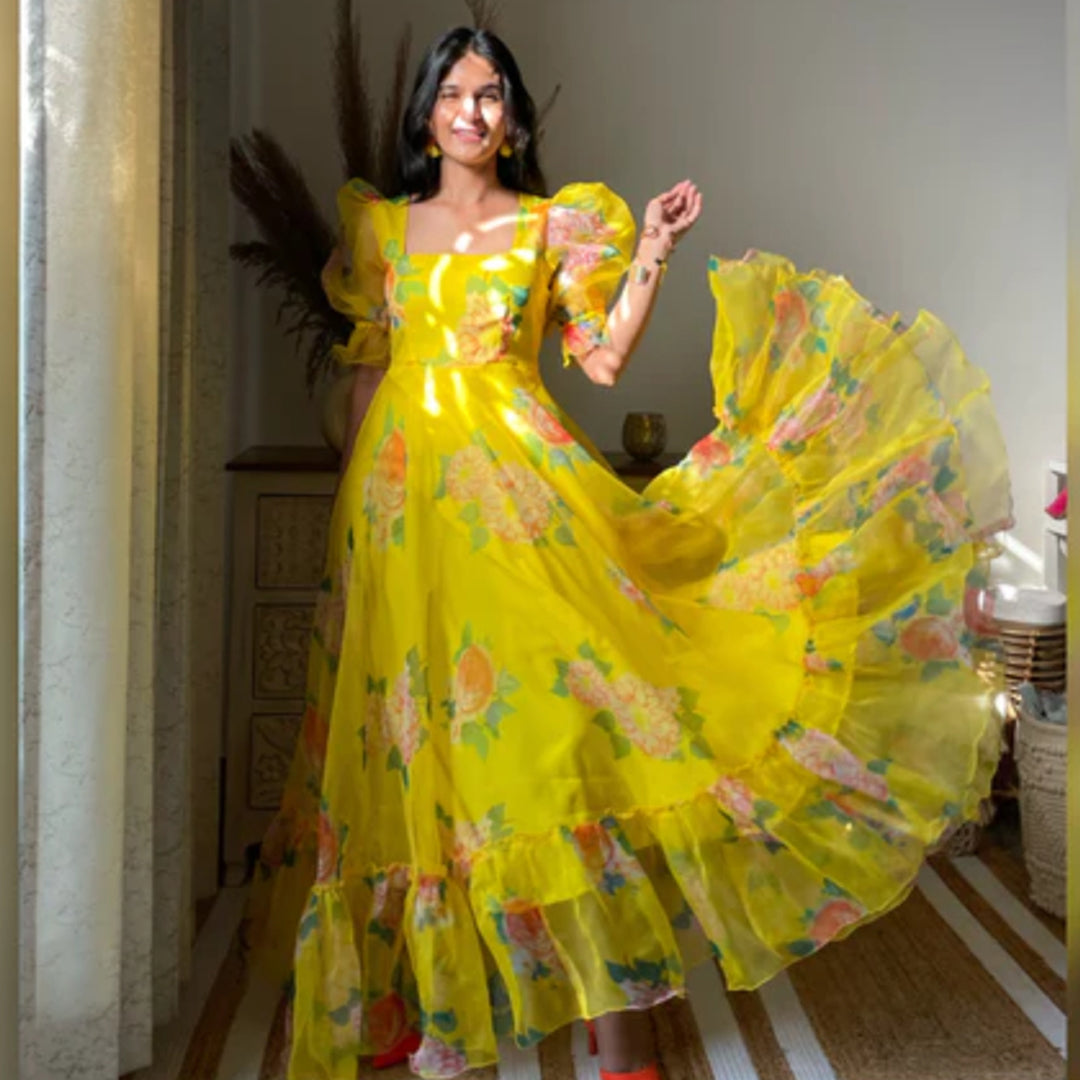 Lemon Yellow Floral Printed Long Dress