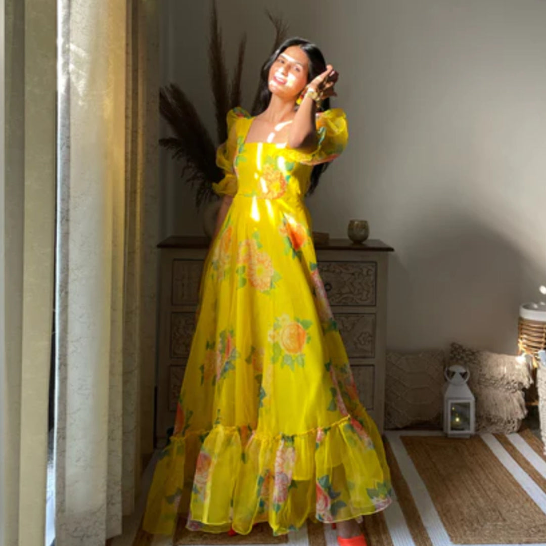 Lemon Yellow Floral Printed Long Dress