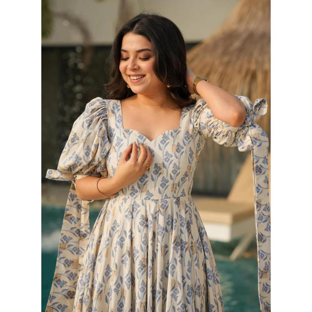Cream Printed Cotton Maxi Dress