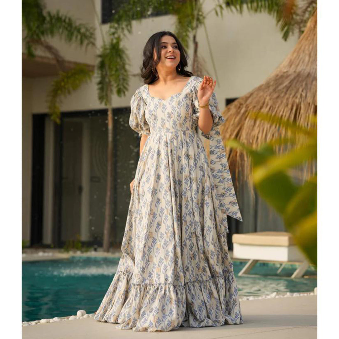 Cream Printed Cotton Maxi Dress