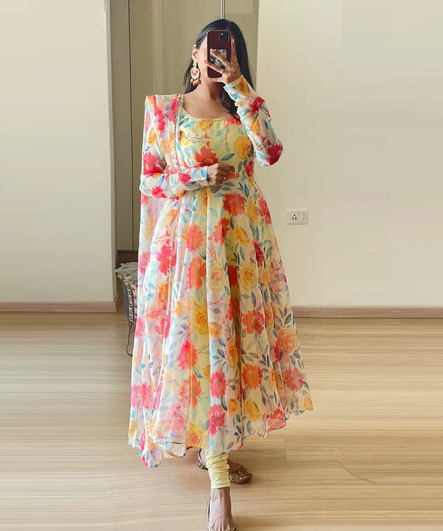 Cream Floral Printed Designer Kurti With Dupatta