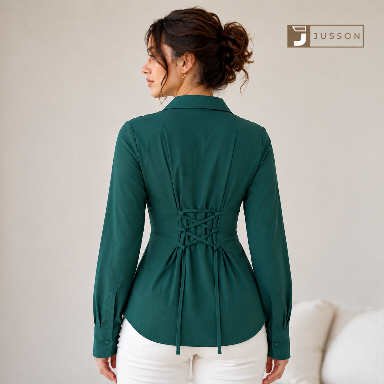 Teal Green Adjustable Corset Back Fitted Shirt