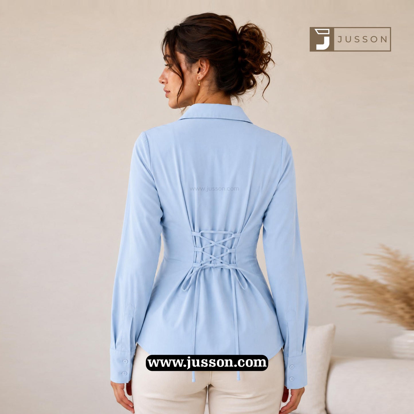 Pastel Blue Adjustable Corset Back Fitted Shirt