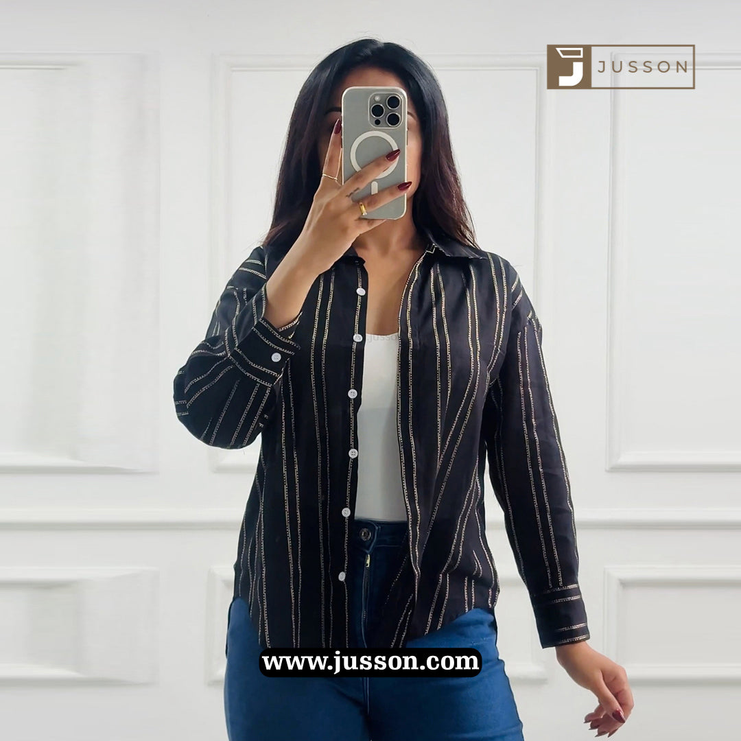 Black Vertical Stripe Pure Cotton Casual Shirt