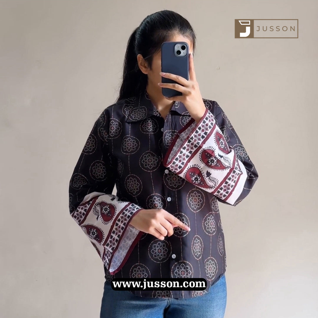 Chic Black Printed Bell Sleeve Casual Shirt