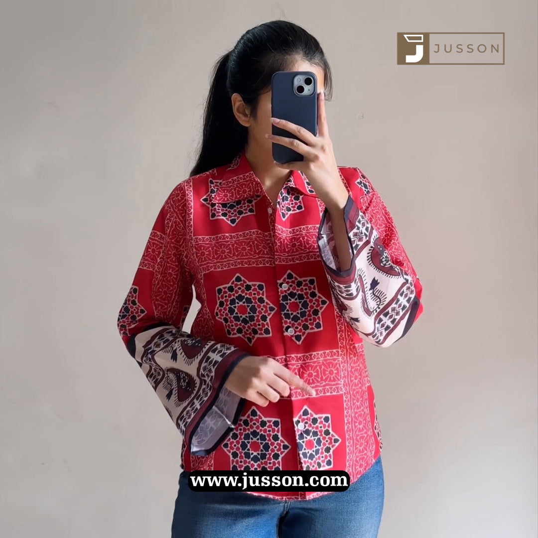 Red Geometric Printed Bell Sleeve Casual Shirt