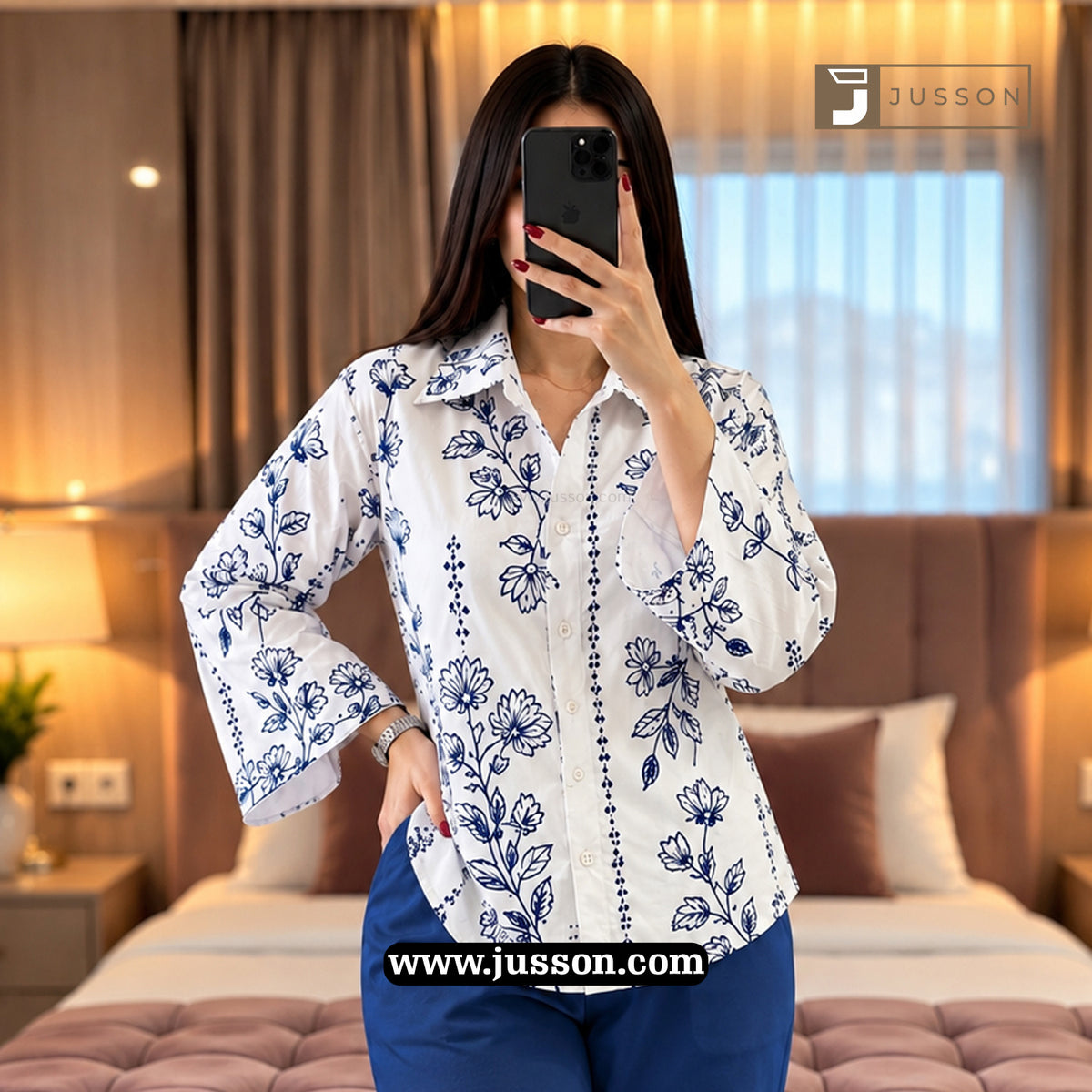 White And Blue Floral Printed Bell Sleeve Casual Shirt
