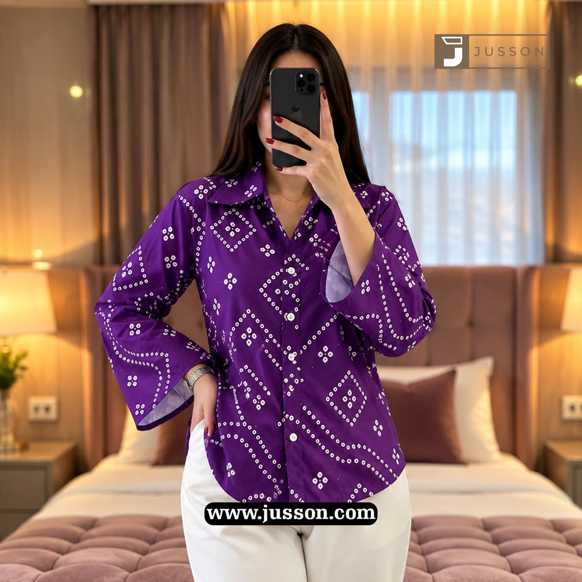 Purple Bandhni Printed Bell Sleeve Casual Shirt