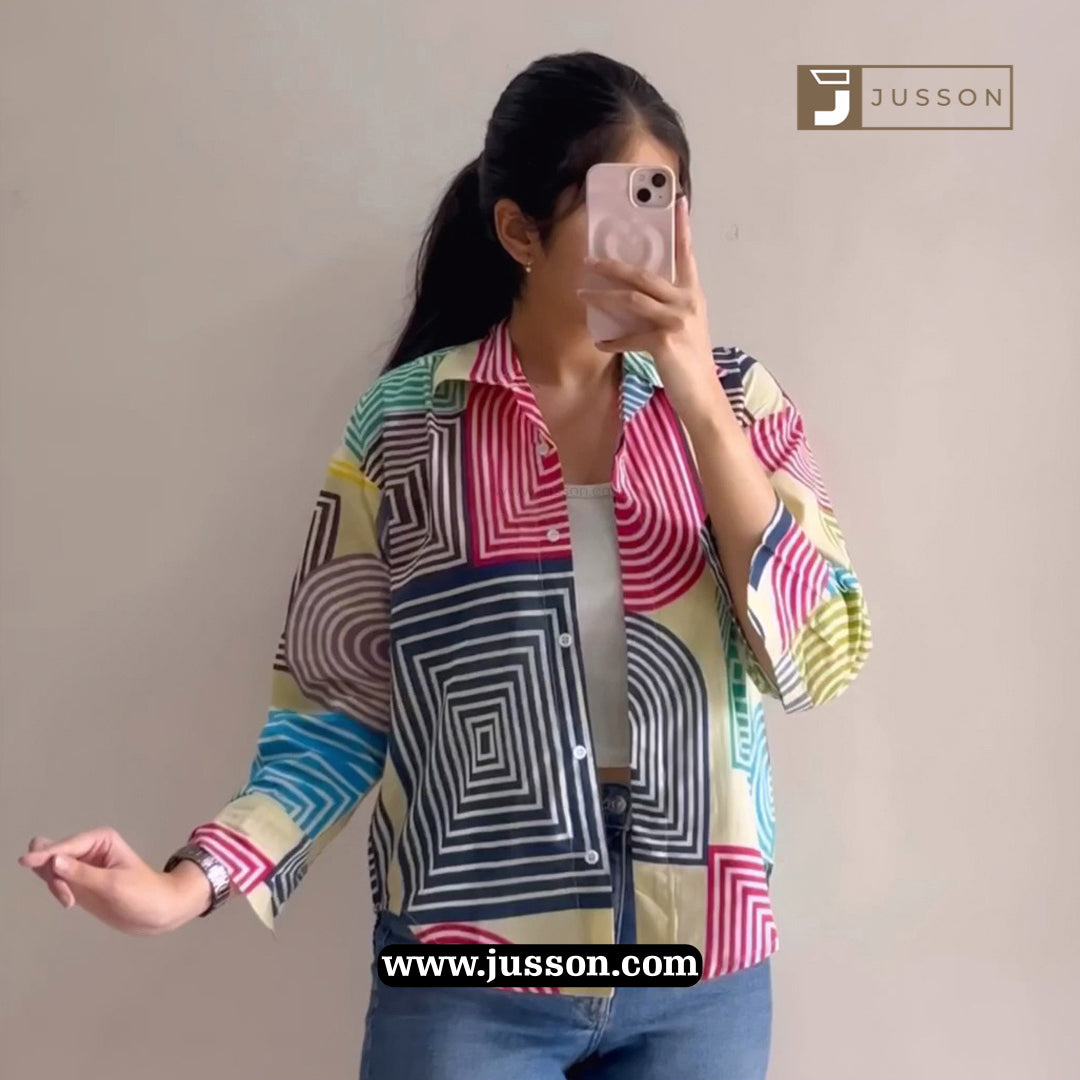 Multicolor Geometric Maze Printed Oversized Shirt