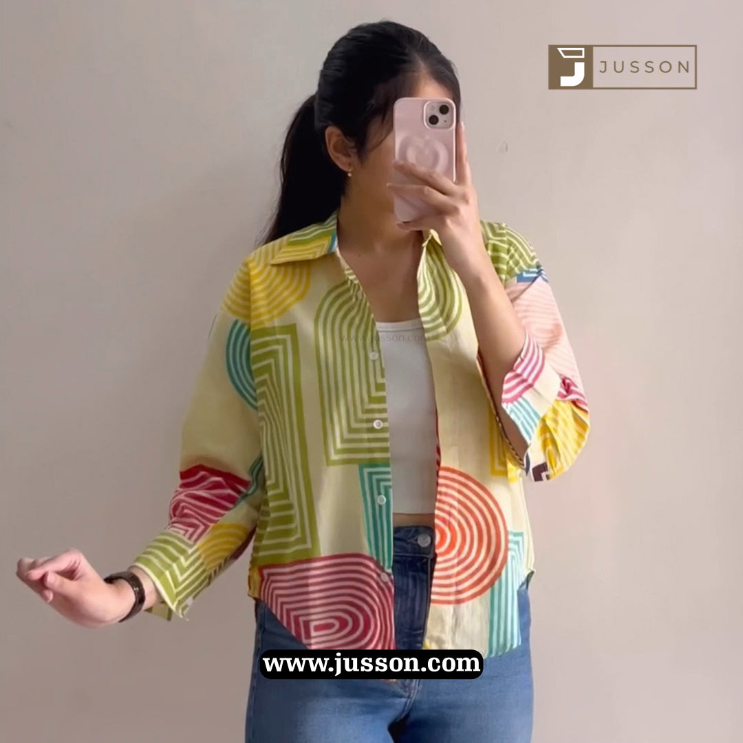 Cream And Green Geometric Printed Oversized Shirt