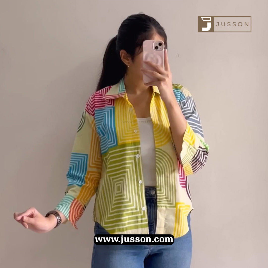 Cream And Yellow Geometric Maze Printed Oversized Shirt