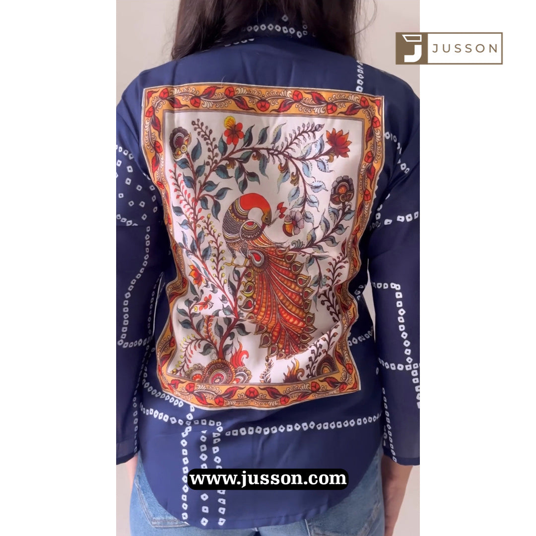 Navy Blue Bandhni And Peacock Artwork Back Printed Casual Shirt
