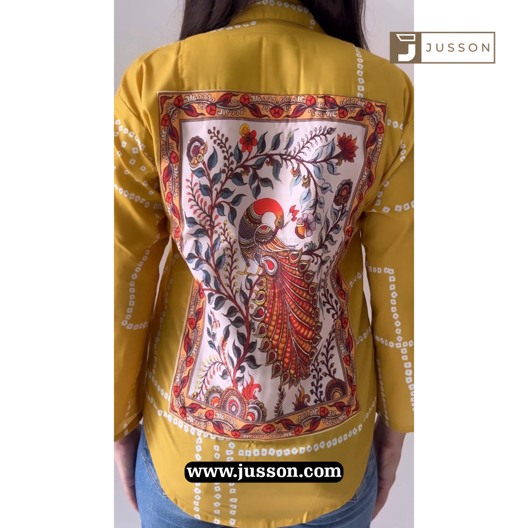 Yellow Bandhni And Peacock Artwork Back Printed Casual Shirt