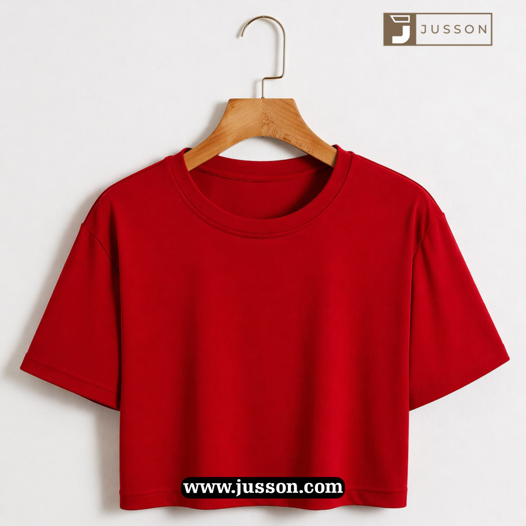 Women’s Solid Red Round Neck Half Sleeve Crop Top