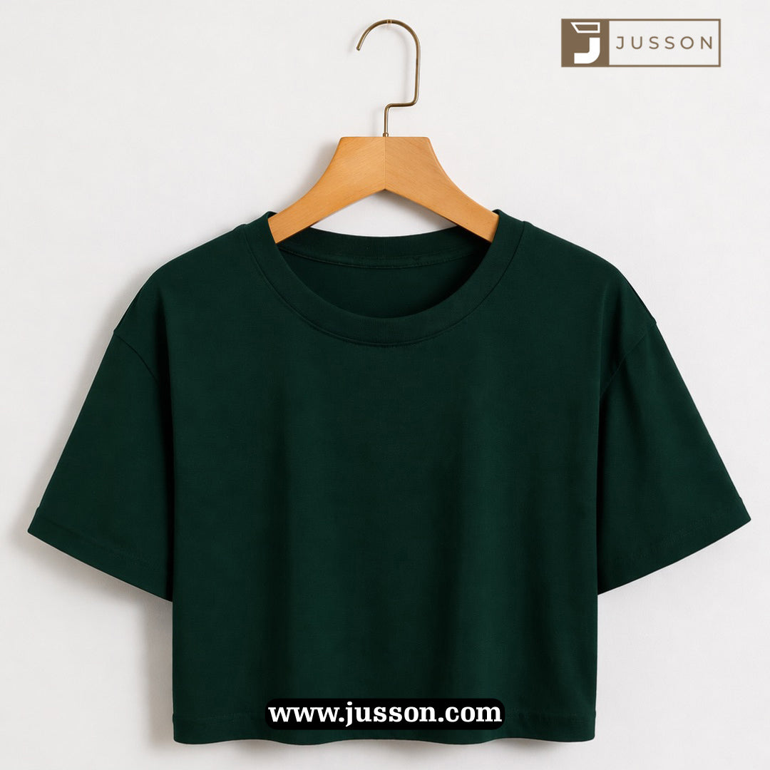 Women’s Solid Green Round Neck Half Sleeve Crop Top