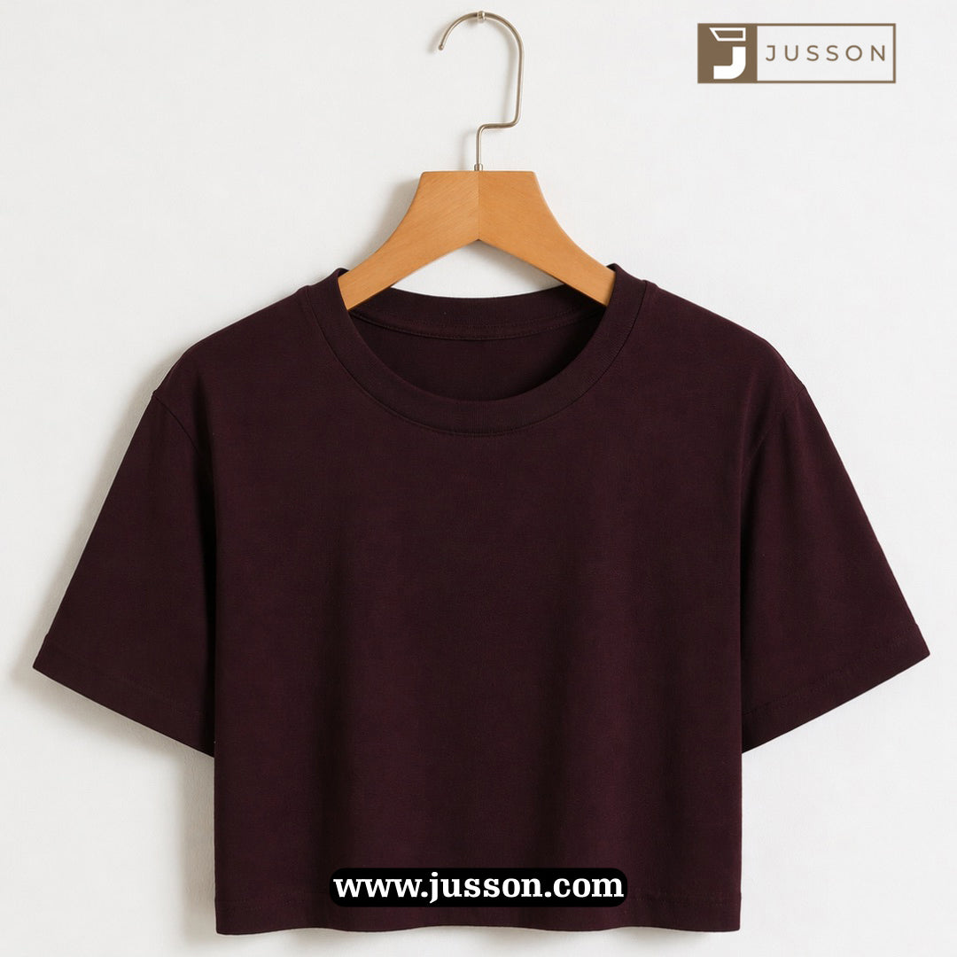 Women’s Solid Brown Round Neck Half Sleeve Crop Top