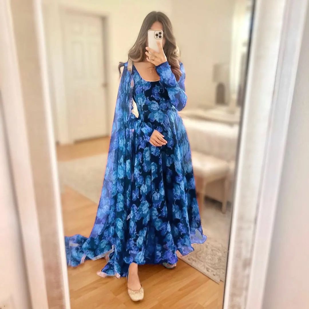 Royal Blue Printed Long Designer Kurtis
