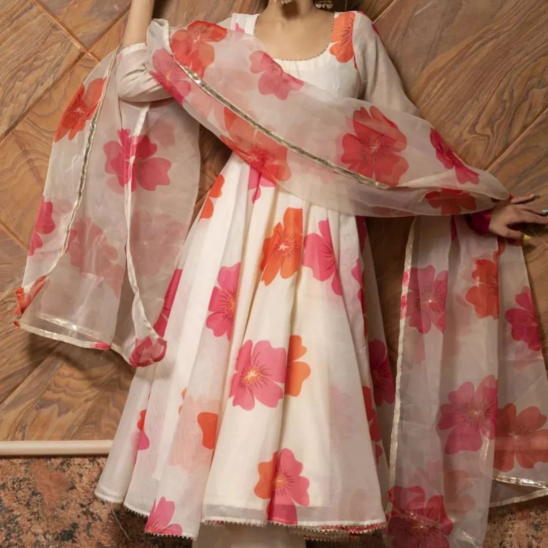 Off White Organza Floral Printed Kurtis