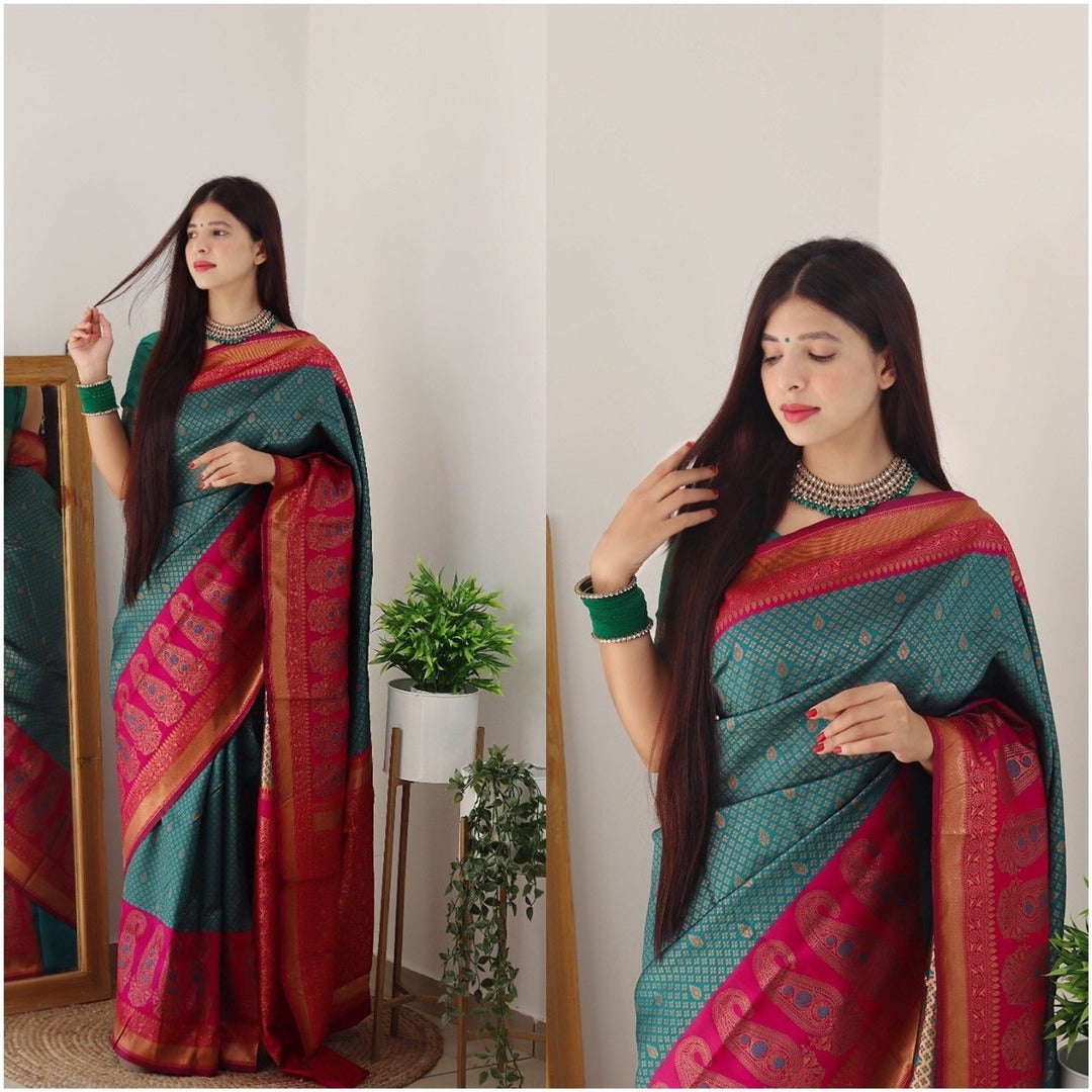 Forest Green And Pink Soft Art Silk Saree