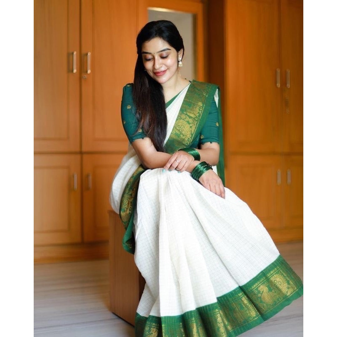 White And Green Combination Silk Saree