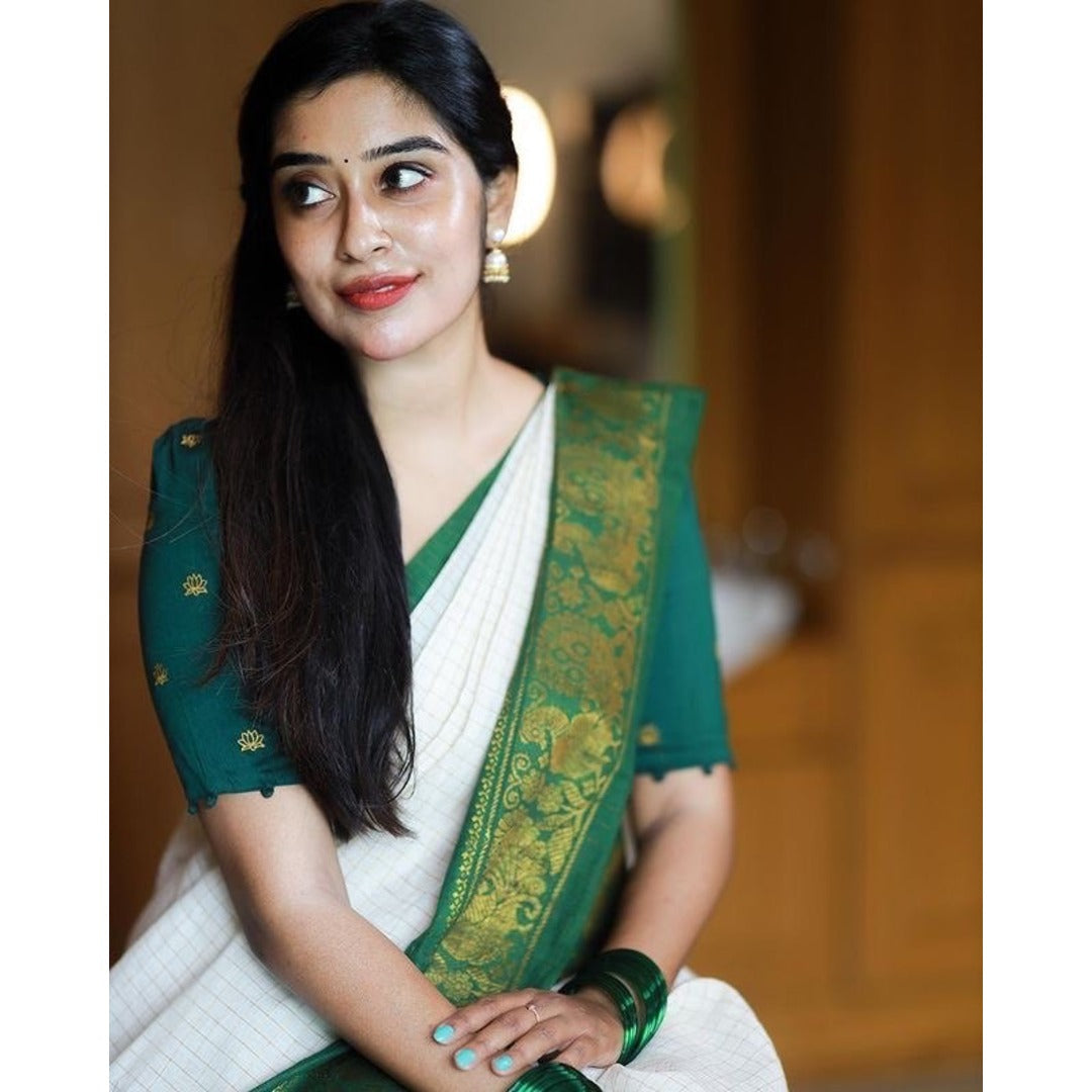 White And Green Combination Silk Saree