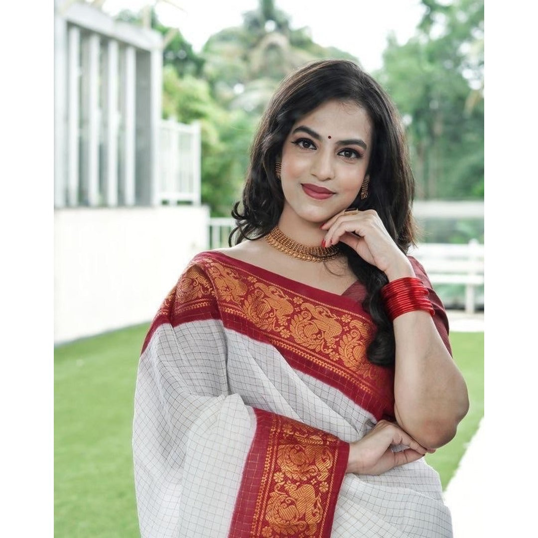 White And Red Checks Weaving Soft Silk Saree