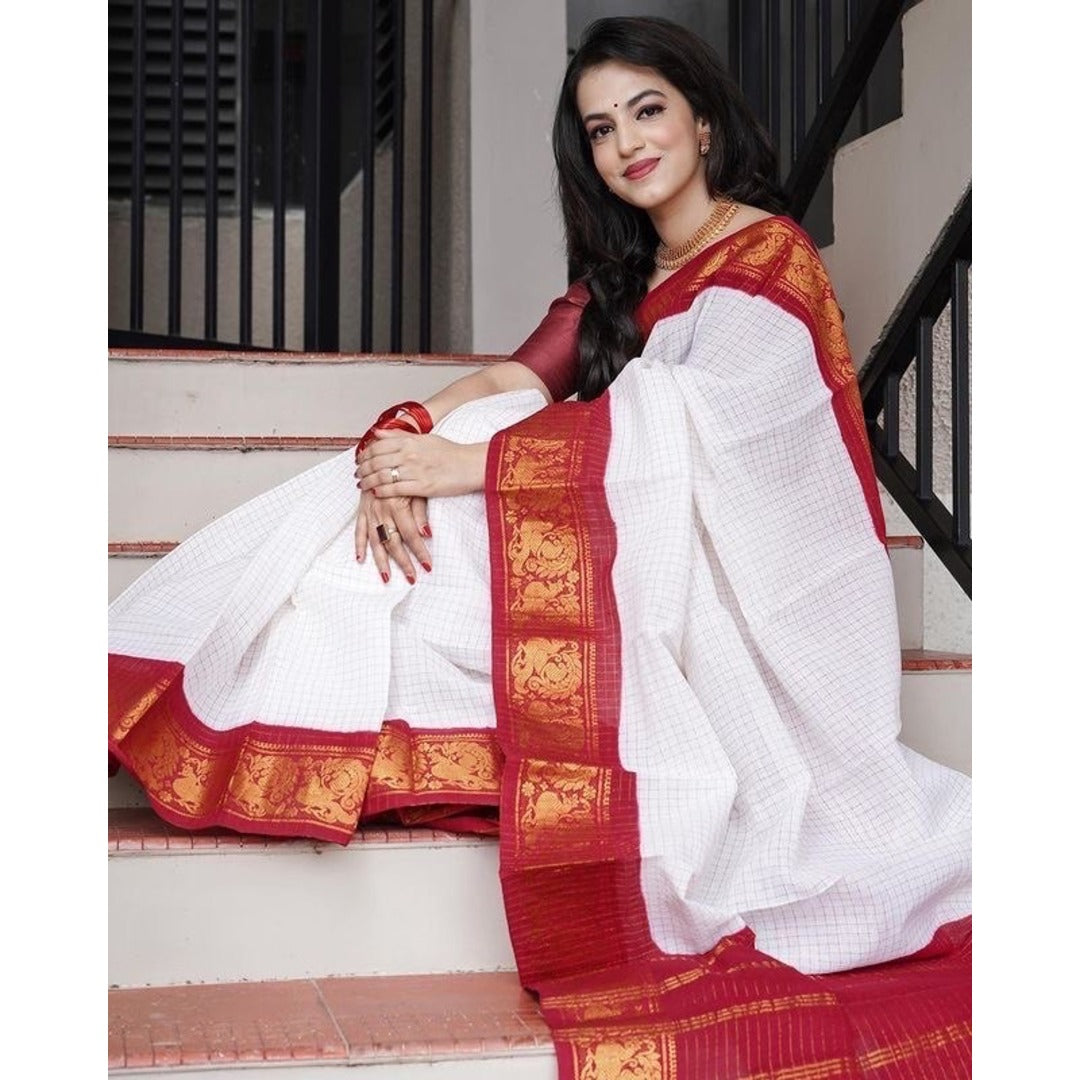 White And Red Checks Weaving Soft Silk Saree