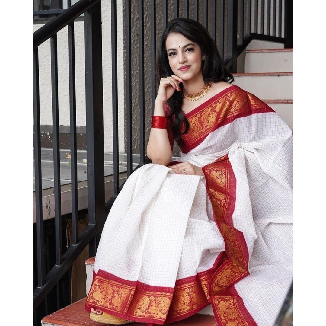 White And Red Checks Weaving Soft Silk Saree