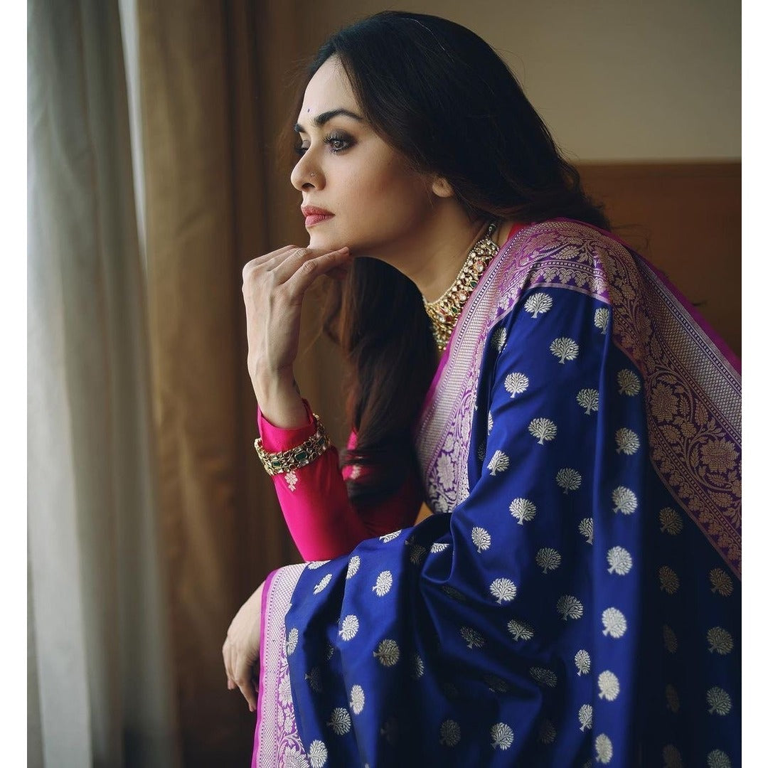 Royal Blue And Silver Combination Silk Saree