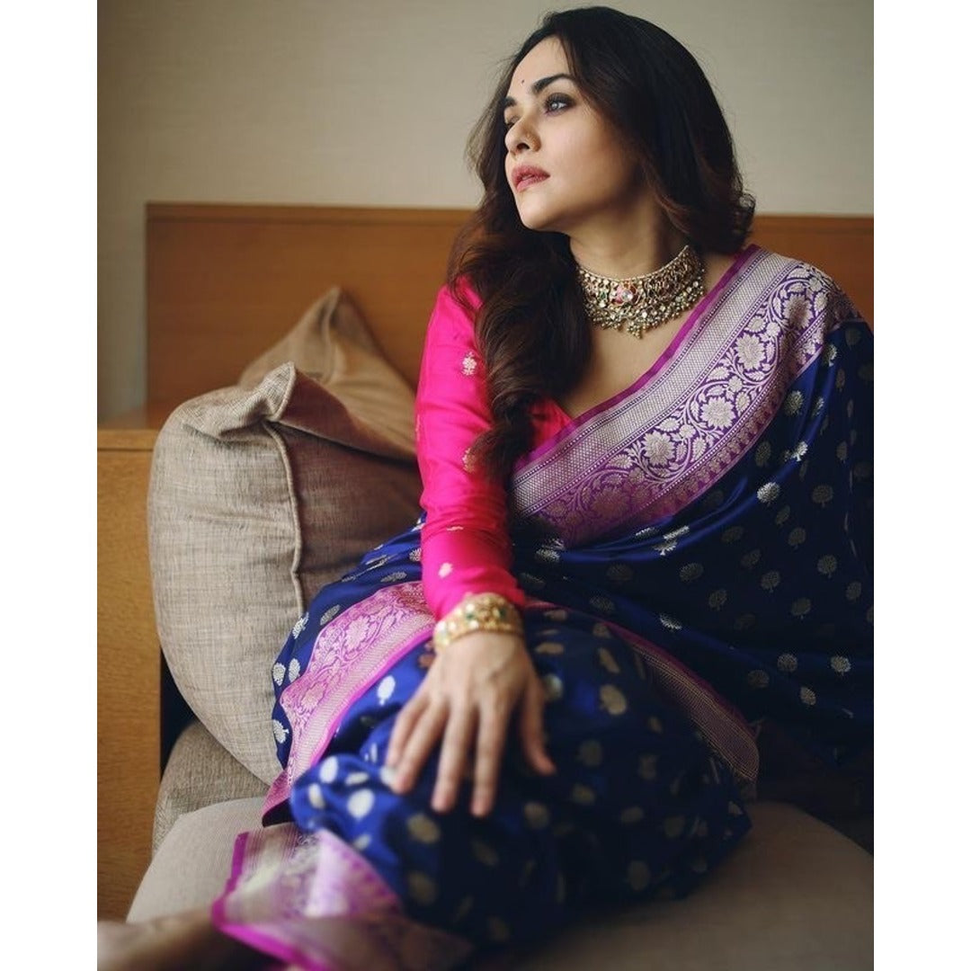 Royal Blue And Silver Combination Silk Saree