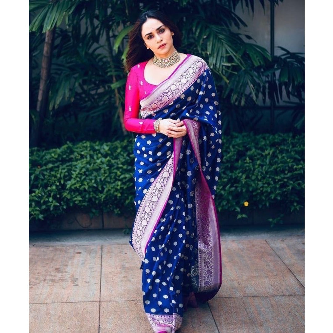 Royal Blue And Silver Combination Silk Saree