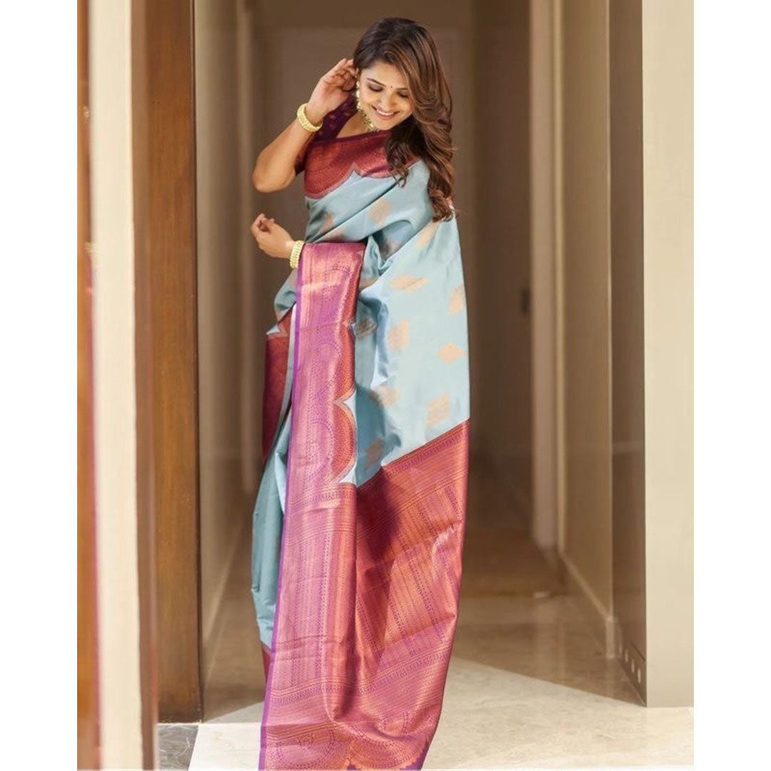 Sky Blue And Wine Combination Silk Saree