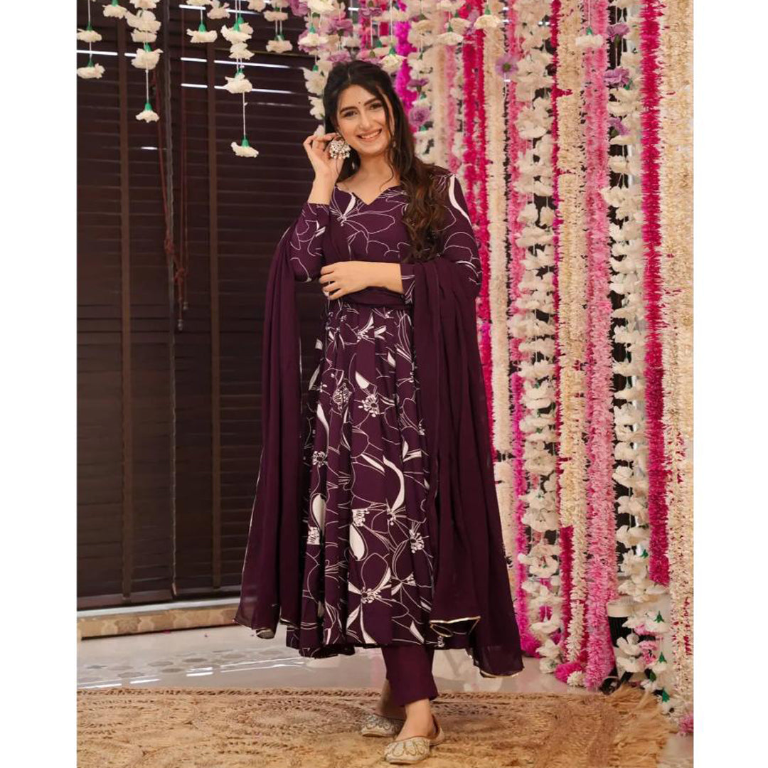 Plum Wine Printed Muslin Kurti Set