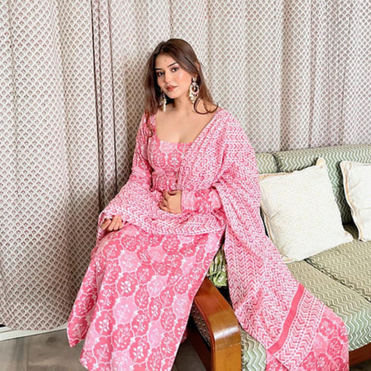 Gulabi Pink Printed Cotton Kurti Set