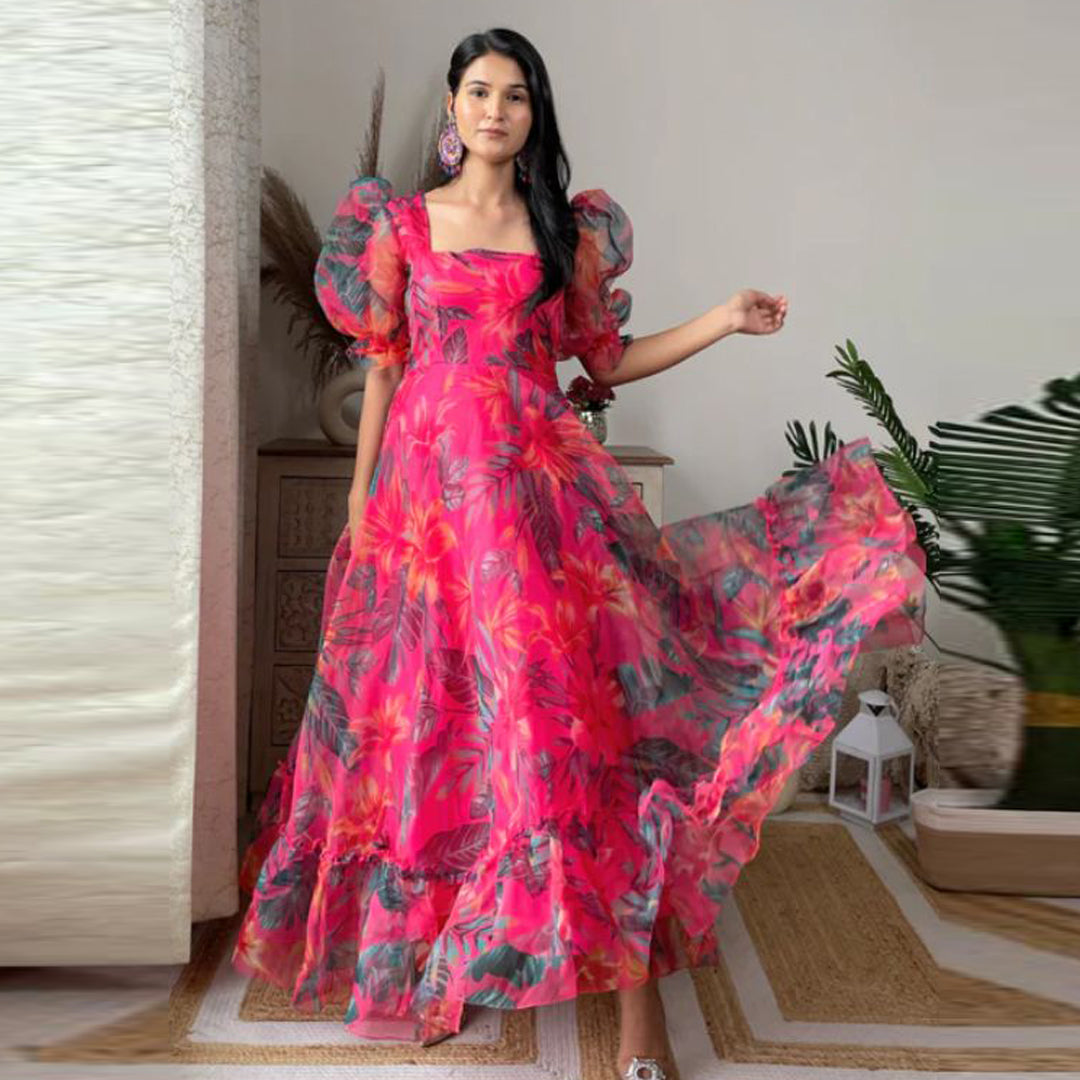 Bright Pink And Blue Leaf Printed Long Dress