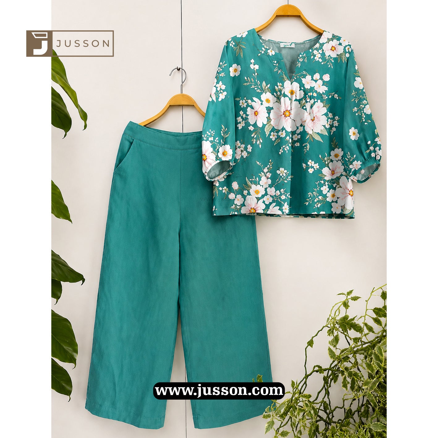 Teal Green And White Floral Printed Co-Ord Set