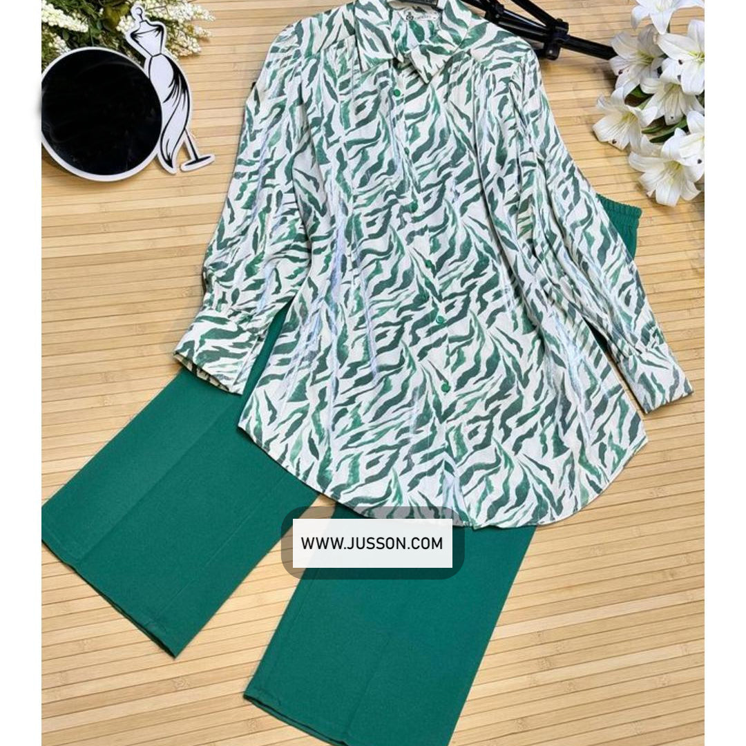 Light Green And White Printed Top With Plain Palazzo