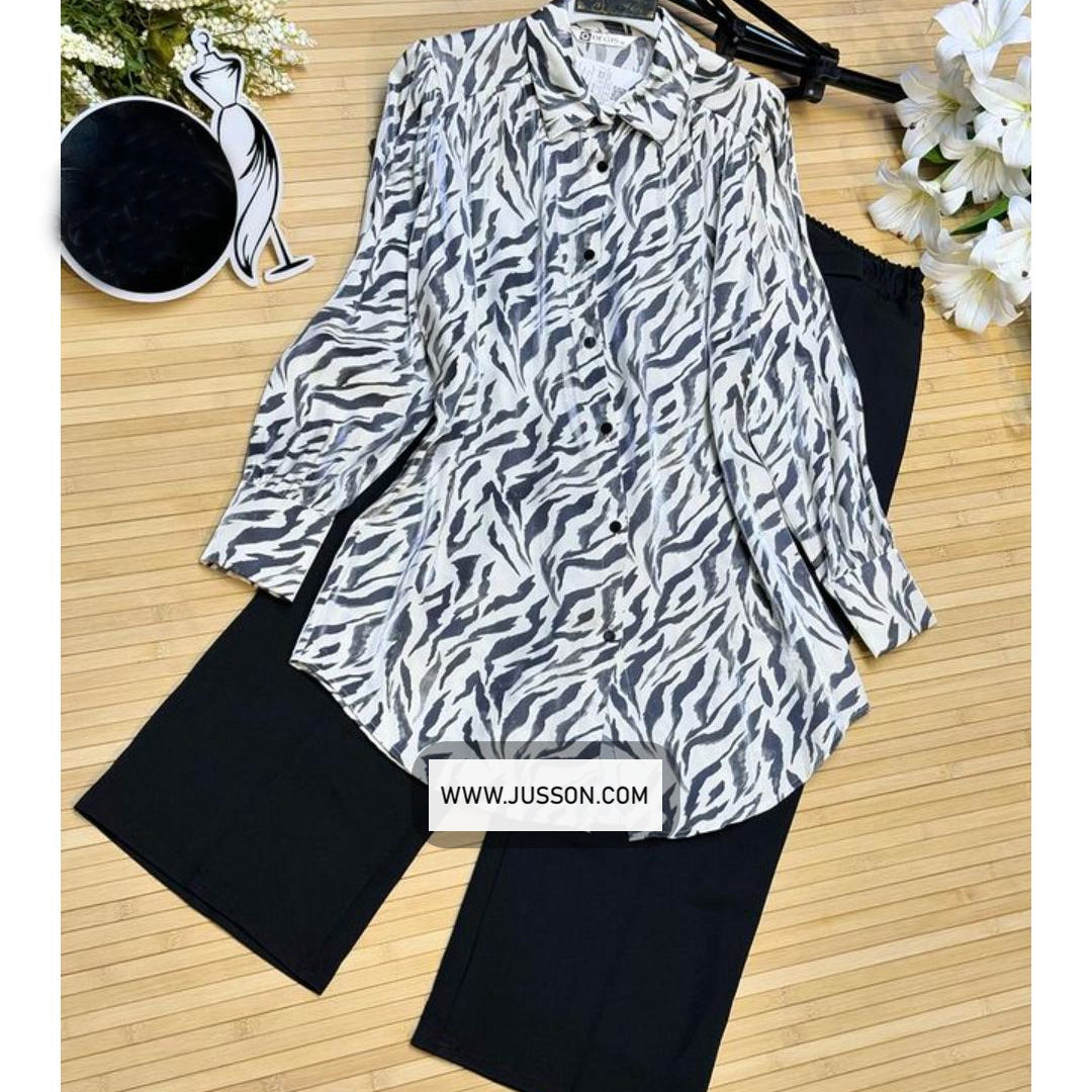 Black And White Printed Top With Black Plain Palazzo