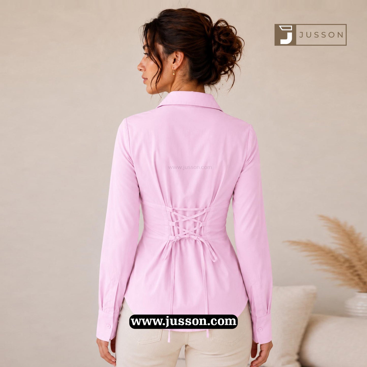 Soft Pink Plain Adjustable Corset Back Fitted Shirt