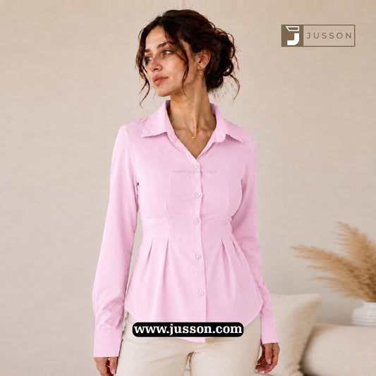 Soft Pink Plain Adjustable Corset Back Fitted Shirt