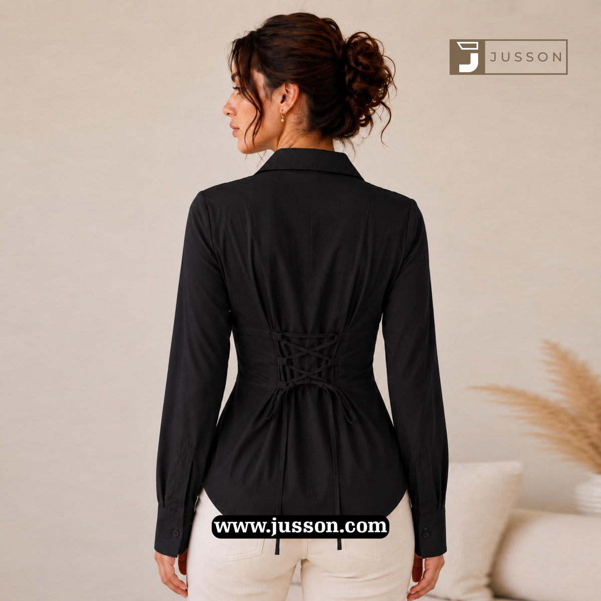 Black Plain Adjustable Corset Back Fitted Shirt