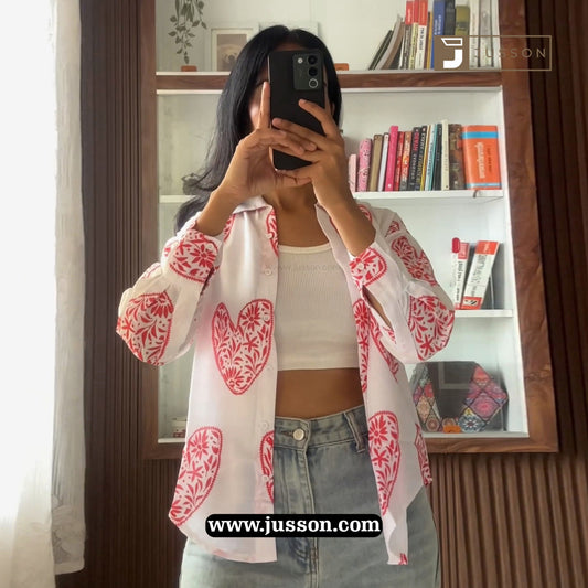 White Oversized Shirt with Red Artistic Heart Print