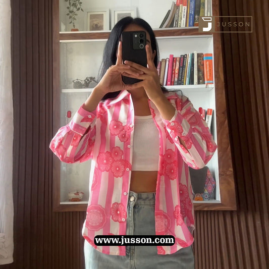 Pink Floral Stripe Printed Button Down Casual Shirt