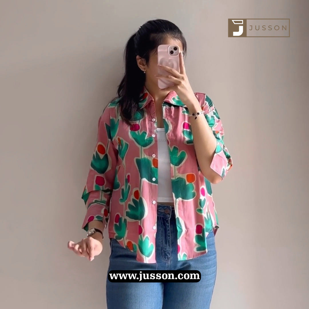 Jusson Pink Botanical Abstract Printed Button Down Shirt