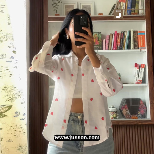 White Button Down with Red Heart Printed Casual Shirt